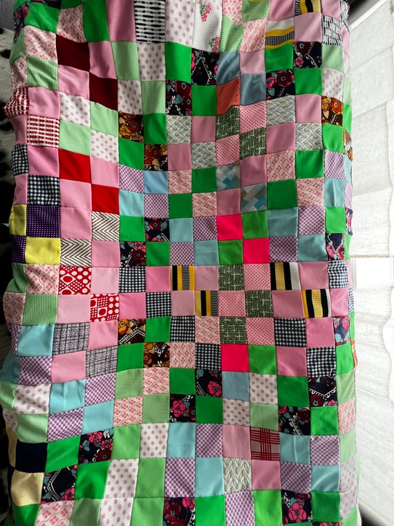 Vintage Patchwork Quilt Handmade 1970s Flower Power Bedding, Throw 