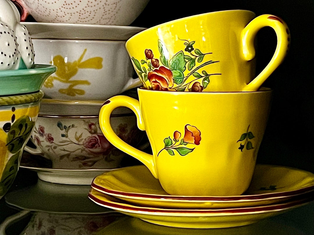 Vintage French Tea Cups Set of 2 Elysee by Luneville faience En France