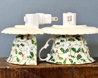 pair of Christmas nightlights in shape of teacups, vintage light fixtures for kitchen