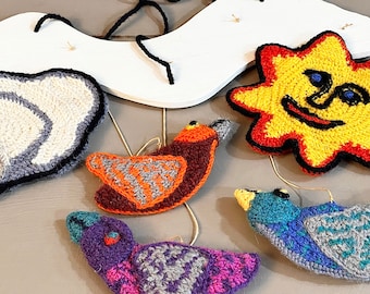 Hand Knit Hanging Mobile with Sun, Clouds & Birds