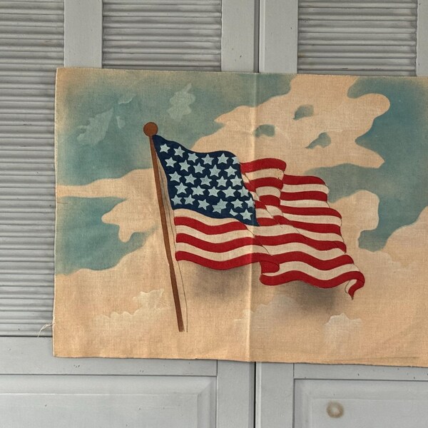 Vintage Fabric American Flag Embroidery Panel by Royal Society, July 4th Decor, Vintage Americana