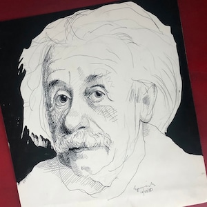 May include: A black and white ink drawing on paper depicting a portrait of Albert Einstein with his signature wild hair and mustache. The background is filled with solid black ink, and the artist's signature and the date 10/23/80 appear in the corner.