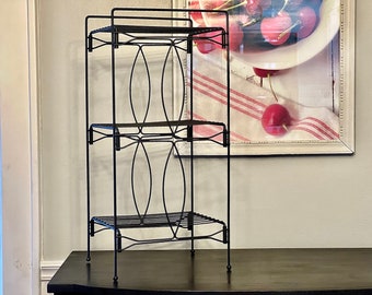 midcentury black metal 3-tier shelf, mcm plant holder