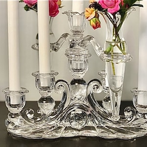 vintage Cambridge Glass Company epergne 2 vases and 5 candle holder, art nouveau table decor, glass candelabra