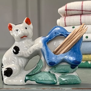 vintage kitschy kitten with flower toothpick holder- made in Japan - retro kitsch