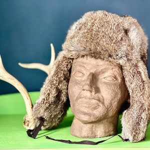 Vintage Rabbit Fur Aviator Hat: Warm Trapper Cap, XL