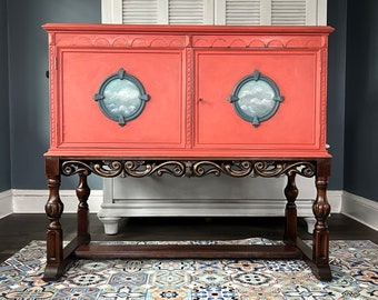 eclectic red sideboard, server or dresser- vintage refurbished wood furniture art- bedroom furniture for adult or baby