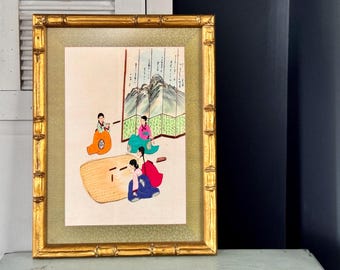 Vintage Japanese Watercolor Art: Thread Embroidery, Bamboo Frame
