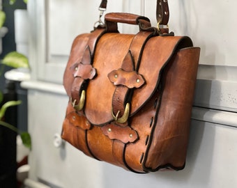vintage 1970s brown leather satchel, retro messenger bag