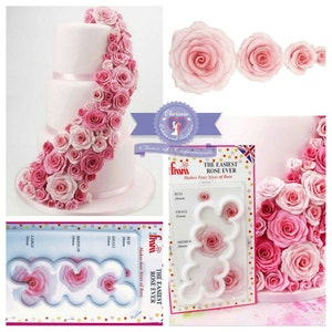 May include: A white plastic mold for making four sizes of fondant roses. The mold is labeled "The Easiest Rose Ever" and shows the different sizes of roses that can be made. The mold is on a white background.