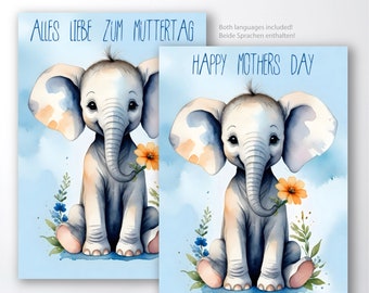 Printable greeting card, Happy Mothers Day, Little Elephant, 5x7 inch, 4x6 inch format included