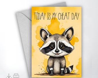 Printable greeting card, folded card with a little baby racoon, watercolor design, 5x7 inch, 4x6 inch format included