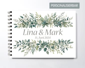 Guest book A5 Green leaves filigree design, for wedding, personalizable