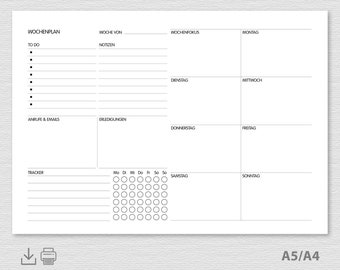 Modèle d'impression de planificateur hebdomadaire A5 et A4 n° Q_005 paysage, avec tracker, liste de tâches, notes, focus hebdomadaire, espace pour les appels et les tâches