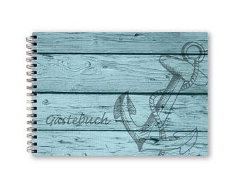 Guest book A5, customizable, holiday apartment, holiday home, camping, maritime, wood design, anchor, seafaring, vintage