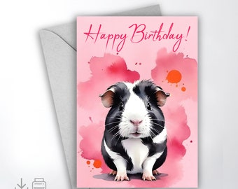 Printable greeting card, folded card with a litte guinea pig, Happy Birthday, watercolor design, 5x7 inch, 4x6 inch format included