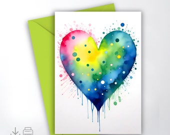 Printable greeting card, folded card heard shape, multicolored, 5x7 inch, 4x6 inch format included