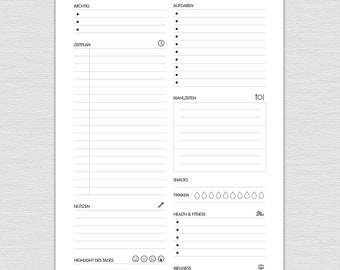 Daily planner to print out, A5 and A4, to do list, appointment planning, meals, wellness, sport, fitness tracker, No. 001
