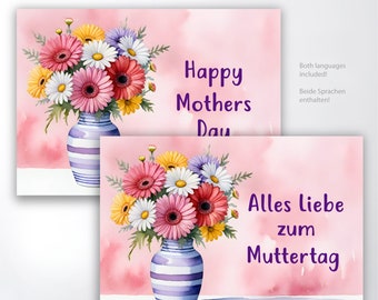 Printable greeting card, Happy Mothers Day with floral design, 5x7 inch, 4x6 inch format included