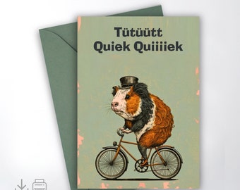 Printable greeting card, folded card with a guinea pig on a bycicle, 5x7 inch, 4x6 inch format included