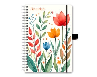 Notebook A5, customizable cover, own name, lined, squared, dotted, colorful fantasy flowers