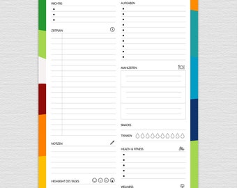 Tagesplaner zum Ausdrucken in A5 und A4, To do Liste, Terminplanung, Mahlzeiten, Fitnesstracker, Nr. 001 - Design Color Block