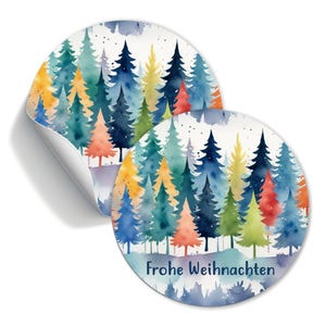 Aufkleber Frohe Weihnachten, Tannenbaum, Weihnachtsbaum, Wald, Winter, Papiersticker 30mm, 40mm 60mm, Geschenkaufkleber