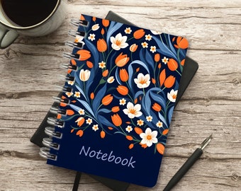 Notizbuch Ringbuch A6, Blumenmotiv in Blau und Orange Notebook, liniert