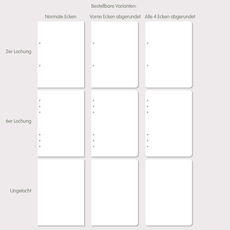 May include: A diagram showing different paper options for a notebook. The options include 2-hole punched, 6-hole punched, and unpunched. The paper can have normal corners, rounded corners on the front, or rounded corners on all four sides.