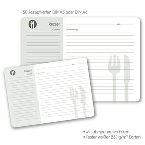 May include: A set of 50 recipe cards in DIN A5 or DIN A6 size. The cards are white with gray lines and a gray fork and knife icon. The text on the cards reads "Rezept" (German for recipe), "Zutaten" (German for ingredients), and "Zubereitung" (German for preparation). The cards have rounded corners and are made of 250 g/m&sup2; cardstock.