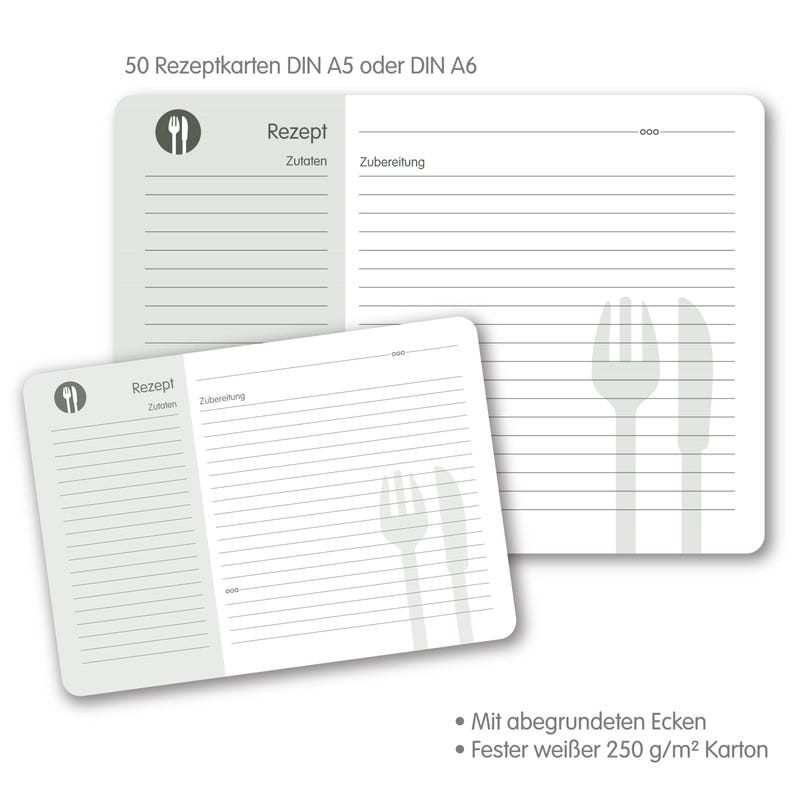May include: A set of 50 recipe cards in DIN A5 or DIN A6 size. The cards are white with gray lines and a gray fork and knife icon. The text on the cards reads "Rezept" (German for recipe), "Zutaten" (German for ingredients), and "Zubereitung" (German for preparation). The cards have rounded corners and are made of 250 g/m&sup2; cardstock.