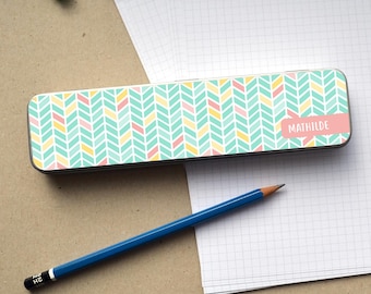 Metal pencil box, geometric design, subtle colors, 192x46x17mm, customizable