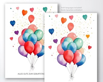 Printable greeting card, folded card with ballons, Happy Birthday, watercolor design, 5x7 inch, 4x6 inch format included