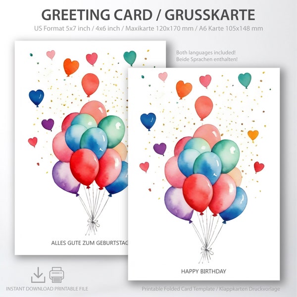 Vouwkaart verjaardagskaart ballonnen DIGITALE PRINT SJABLOON, Happy Birthday Happy Birthday, maxikaart 120 x 170 mm, A6 vouwkaart