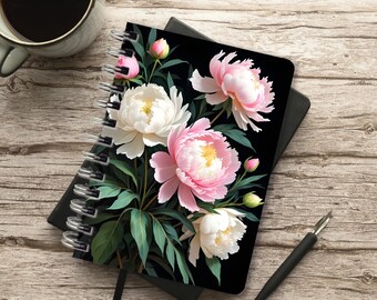 Notebook ring binder A6, pink and white roses on black, lined