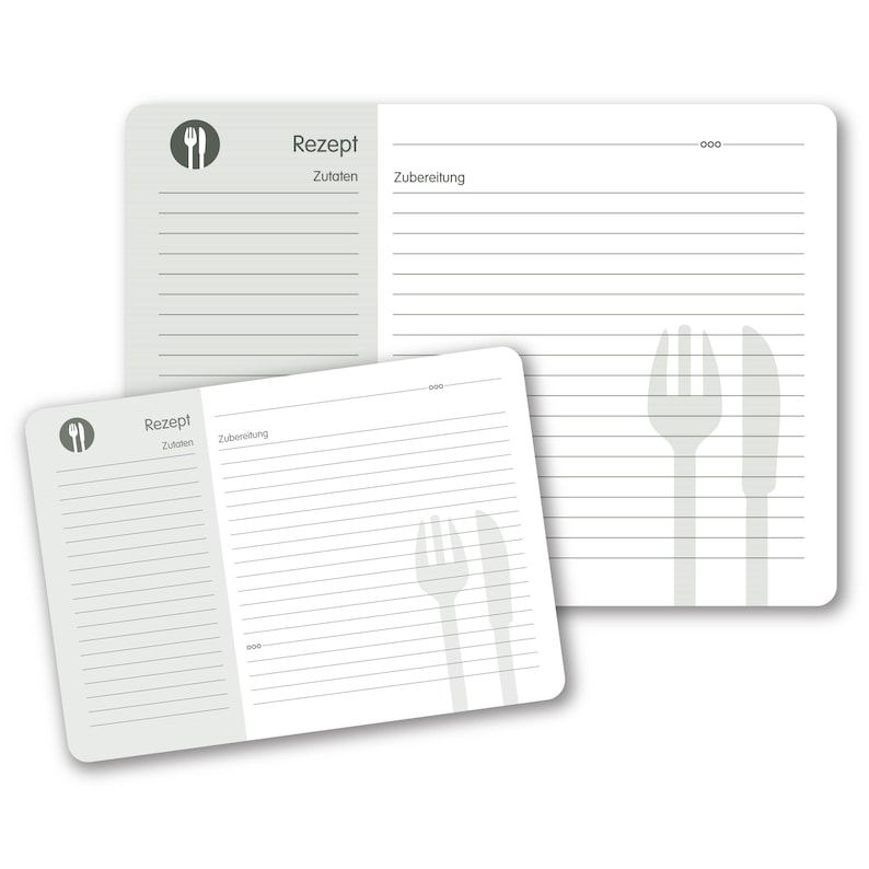 May include: Two white recipe cards with gray lines and a gray fork and knife icon. The cards have the word "Rezept" at the top and the words "Zutaten" and "Zubereitung" below.