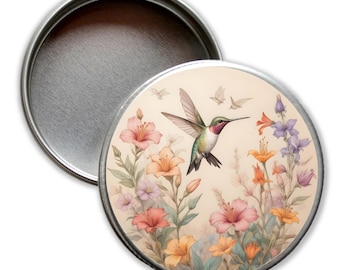 Kleine Geschenkdose Kleiner Kolibri, bunte Blüten, Wiese, Pillendose, Minidose rund Metall