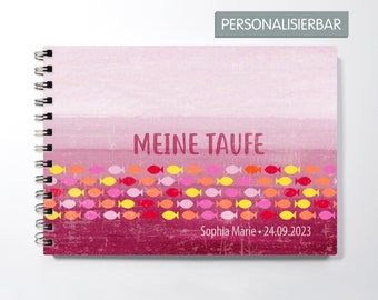 Gästebuch Taufe Kommunion Konfirmation Firmung, Design mit Fischen auf rotem Hintergrund Pink Orange Rot