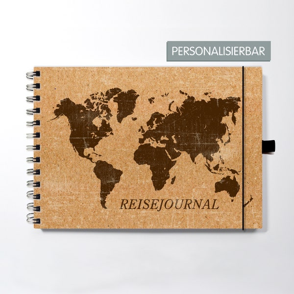 Reisejournal, Reisetagebuch, Weltkarte, Kraftkartondesign, personalisierbar, DIN A5