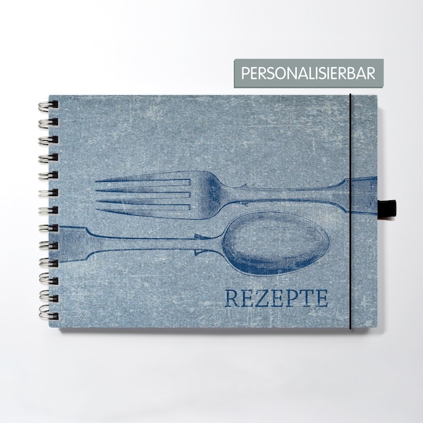 Rezeptbuch A5, Kochbuch, personalisierbar, Vintagedesign blaues Design, zum Selber Schreiben