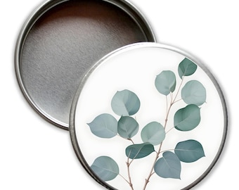 Small gift box with eucalyptus branches, minimalist design, pillbox, mini round metal box