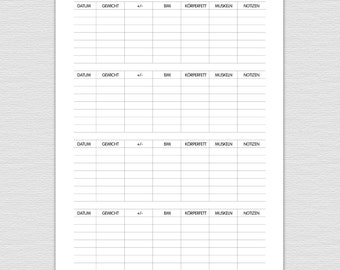 Gewichtstracker zum Ausdrucken, A5 und A4, Gewicht, BMI, Muskelmasse, Fettmaße, Körpermaße,  FitTracker_004