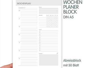 Weekly planner block A5, appointment overview, task list, tracker, to do list, notes, minimalist design