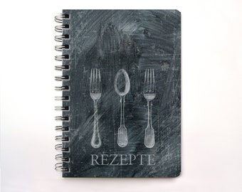 Rezeptbuch zum Selberschreiben DIN A5 Tafellook Design mit Vintage Besteckmotiv, personalisierbar