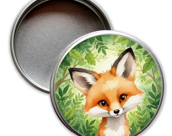 Round tin with a small fox in the forest, pillbox, round metal