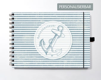 Travel diary A5, travel journal, travel journal, motif anchor blue stripes, personalisable