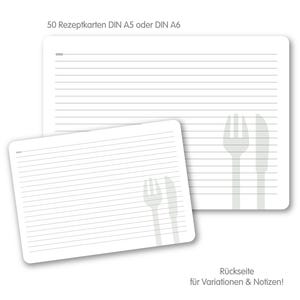 May include: A set of 50 blank recipe cards in DIN A5 or DIN A6 format. The cards have lined paper for writing recipes and a blank side for notes or variations. The cards feature a gray fork and knife icon on the back.
