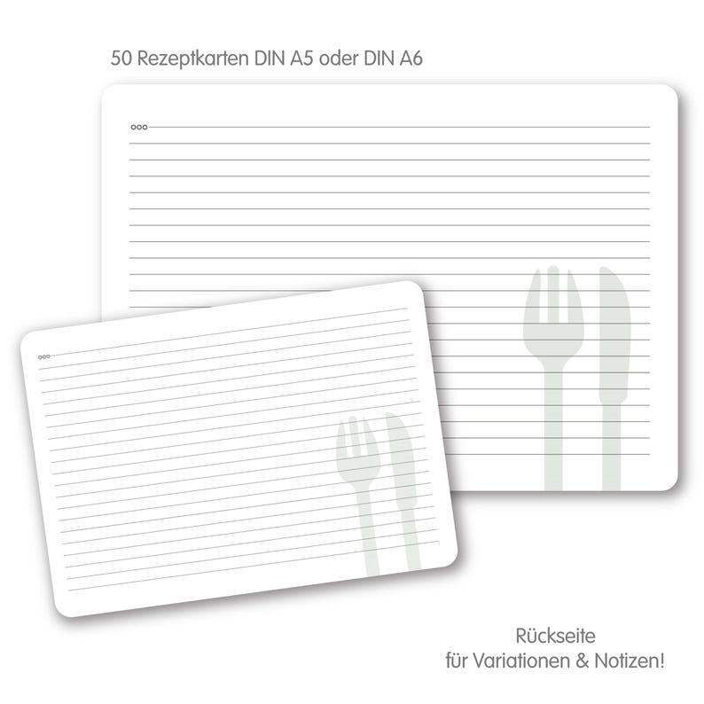 May include: A set of 50 blank recipe cards in DIN A5 or DIN A6 format. The cards have lined paper for writing recipes and a blank side for notes or variations. The cards feature a gray fork and knife icon on the back.