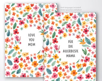 Printable mothers day card, Love you mom, floral design, 5x7 inch, 4x6 inch format included