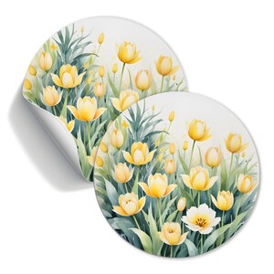 Aufkleber Wiese mit gelben Tulpen, Papiersticker 30mm, 40mm 60mm, Geschenkaufkleber